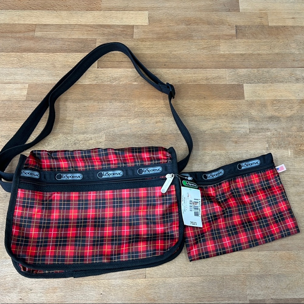 LeSportsac Red and Black Messenger Bag with Classic Plaid Design
